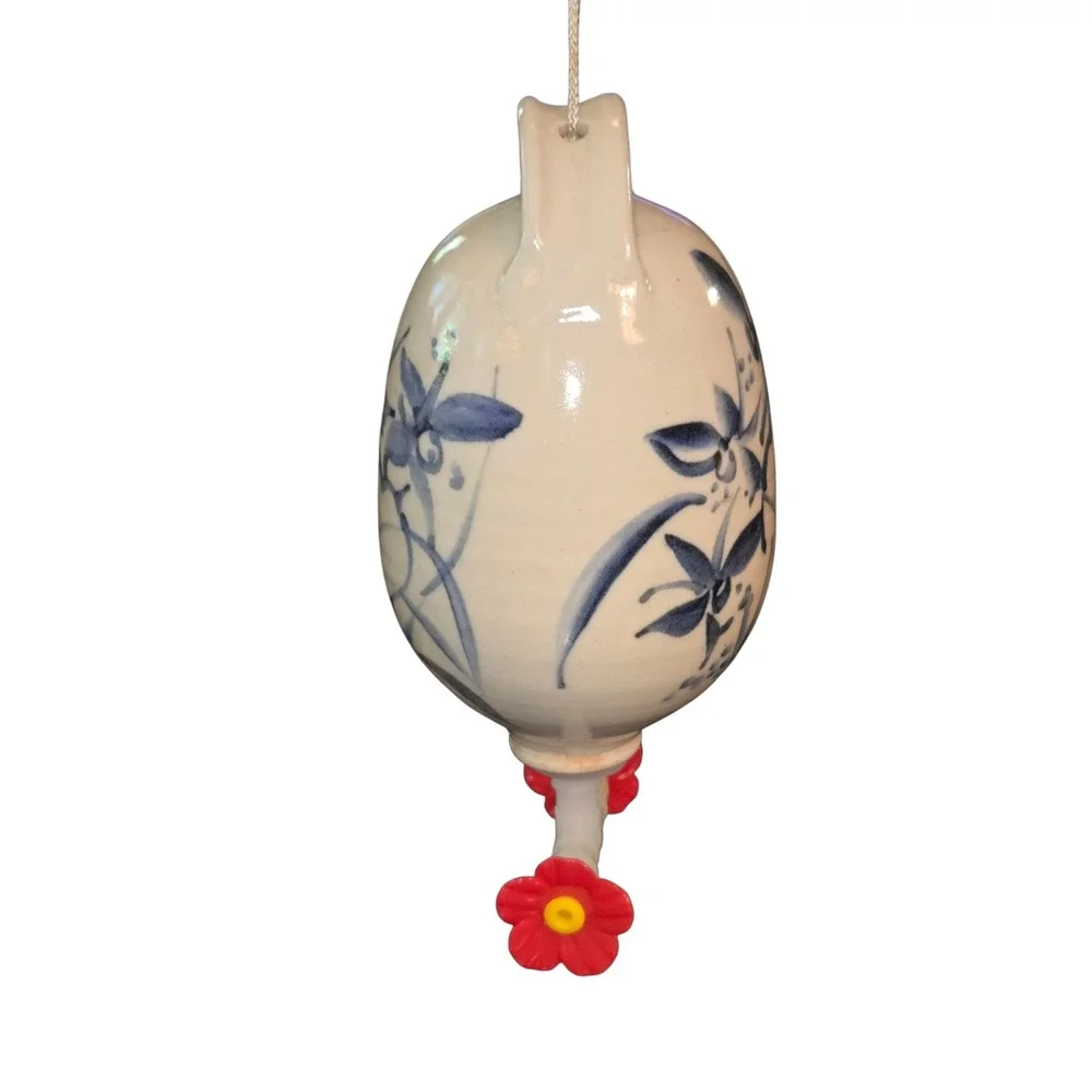 Handmade Hummingbird Feeder Blue Cream Floral Pottery Hanging Decor 8